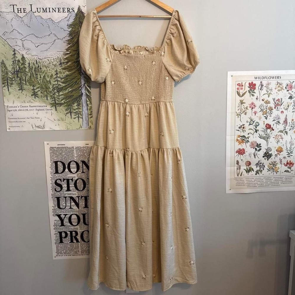 August Sky Floral Embroidered Smocked Square Neck Dress